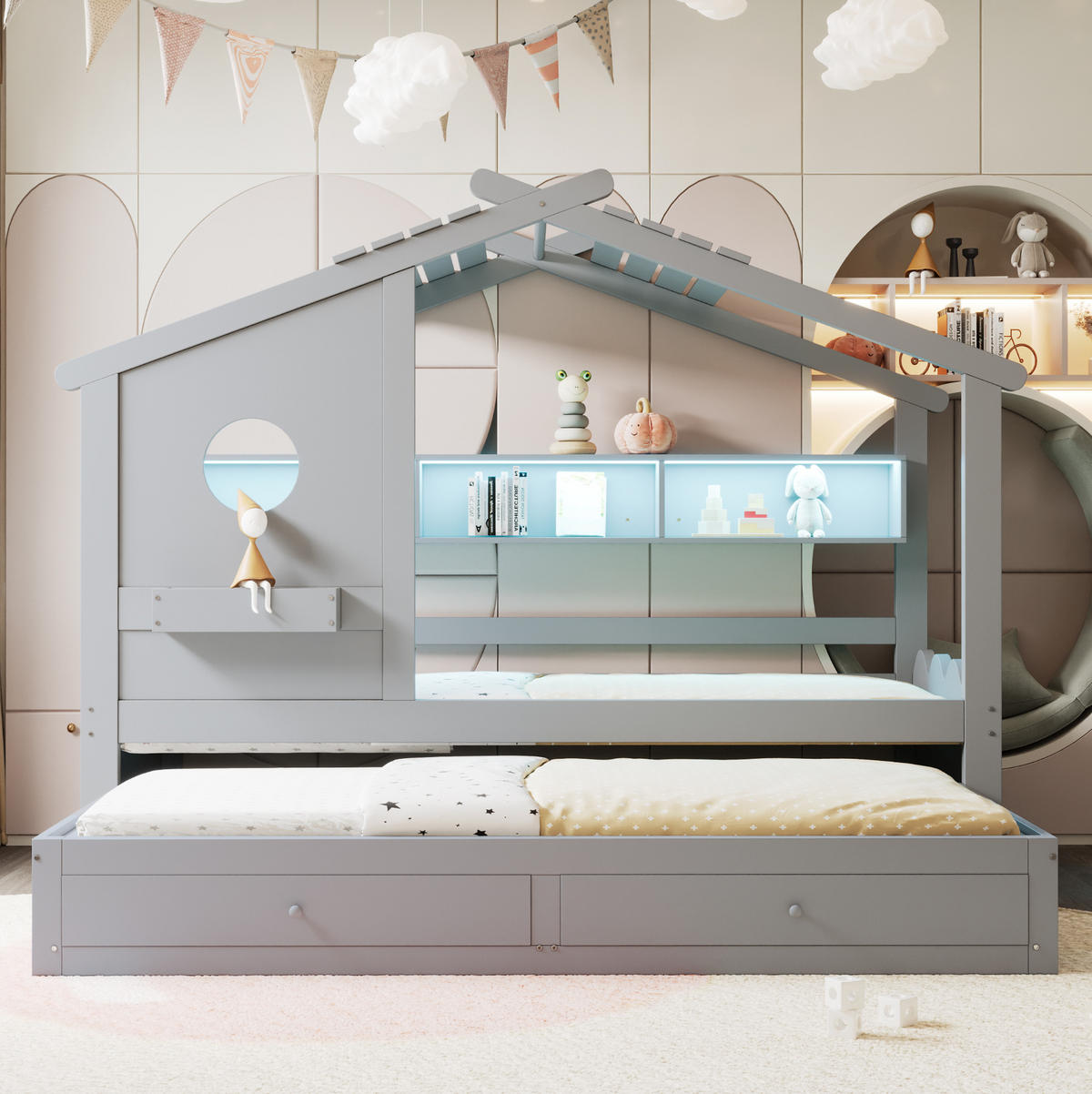 KINDERBETT 90/200 cm mit Ausziehbett 90/190 cm, LED, USB- und Typ-C-Anschluss, Schubladen und Stauraum, Grau - Grau, Holzwerkstoff (90/200cm) - Redom