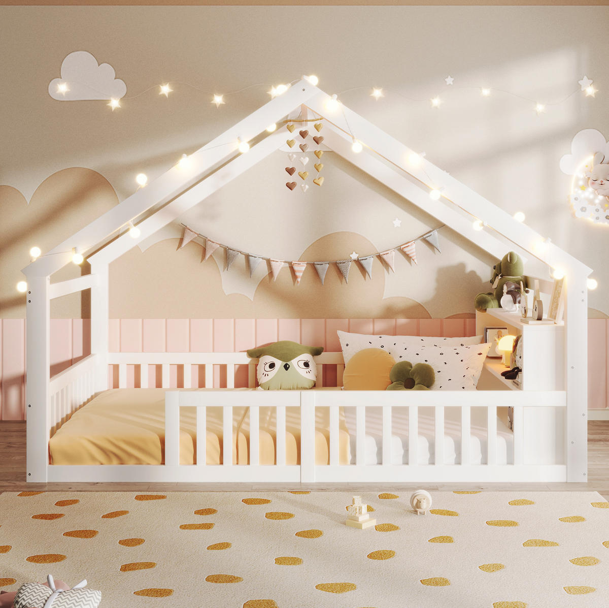 KINDERBETT 140/190 cm mit Schutzgitter, LED-Lichterkette und Seitenregalen aus Kiefernholz, Weiß - Weiß, Holz (140/190cm) - Redom