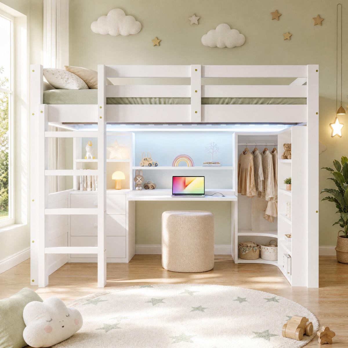 HOCHBETT 140/200 mit LED, Schreibtisch und Kleiderschrank in Weiß - Weiß, Holz/Holzwerkstoff (140/200cm) - EVRYAE