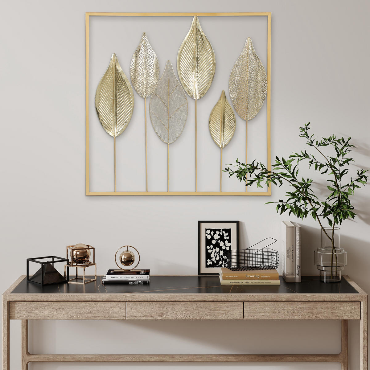 WANDDEKO Luxuriöse Wandbild Metallbild Wandskulptur mit Blattdesign Gold - Goldfarben, Metall (2.5/70/70cm) - HOMCOM