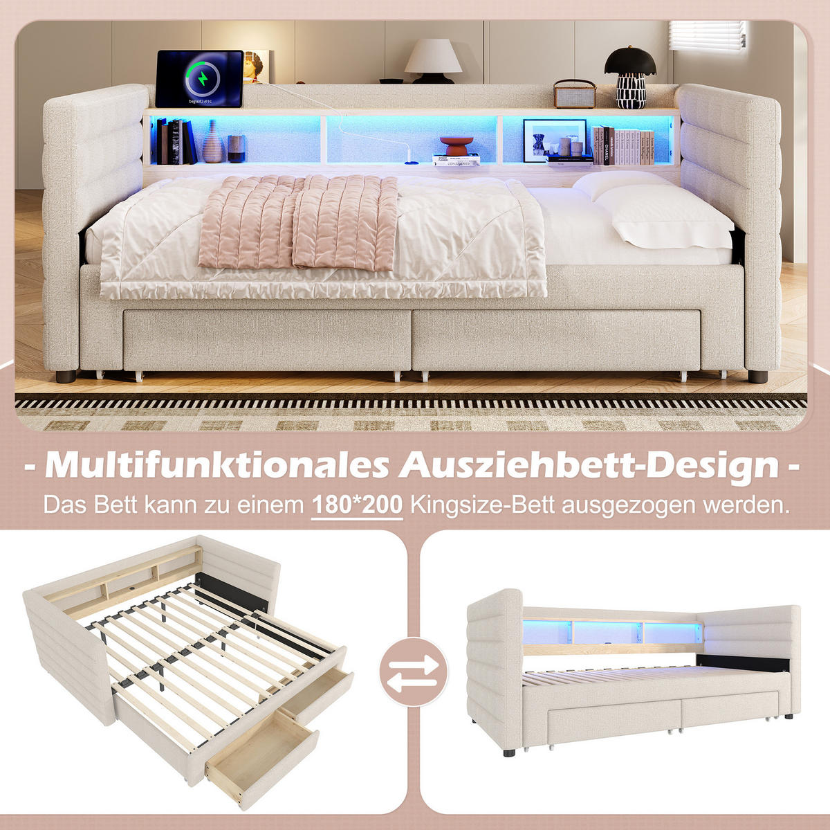 TAGESBETT 90/190 cm Beige aus Samt mit Ausziehfunktion und LED - Beige, Textil (90/190cm) - OKWISH