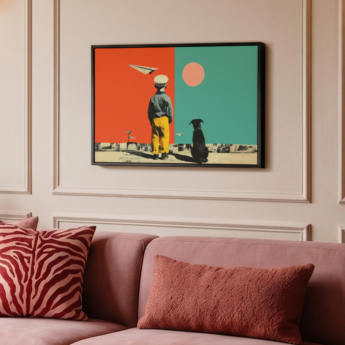 LEINWAND Bilder mit Rahmen - Retro - Junge - Hund - Rot - Grün - 60x40 - Orange, Textil (60/40cm) - MuchoWow