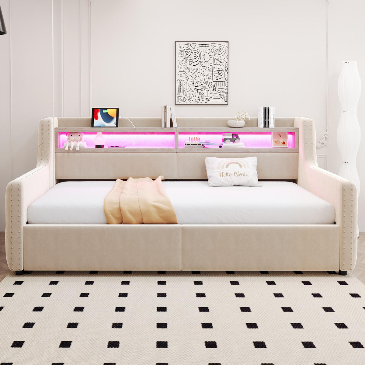 POLSTERBETT 90x200 cm LED USB Stauraum beige - Beige, Textil (90/200cm) - Fortuna Lai