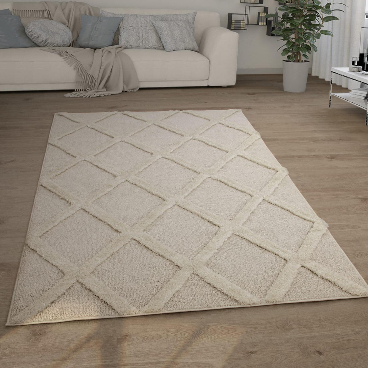 HOCHFLORTEPPICH, mit Rautenmuster, aus Polypropylen, Creme, 60 x 100 cm - Beige, Textil (60/100cm) - KADIMA DESIGN