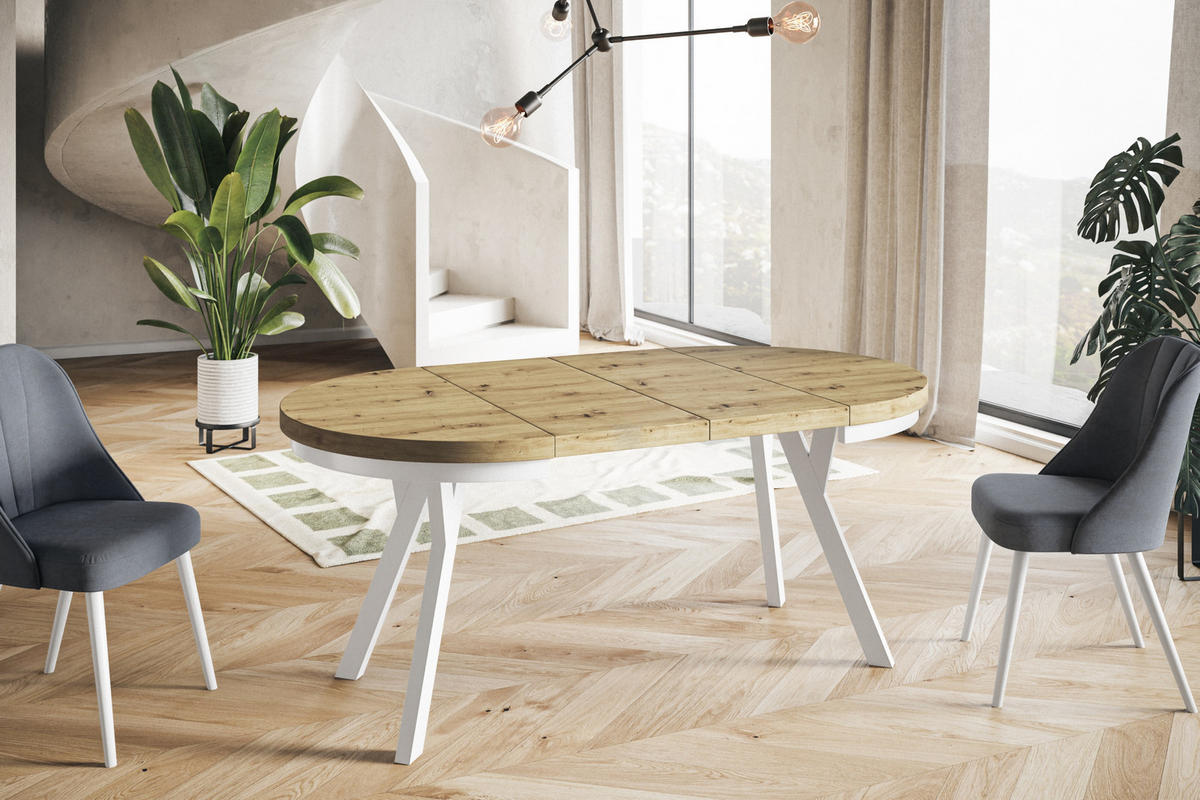 ESSZIMMERTISCH EVO, ausziehbarer Tisch 90 cm bis 190 cm, Farbe: ARTISAN, mit Holzbeinen in Farbe Weiß - Hellbraun/Weiß, Holzwerkstoff (90/90/77cm) - Alpi-Möbel