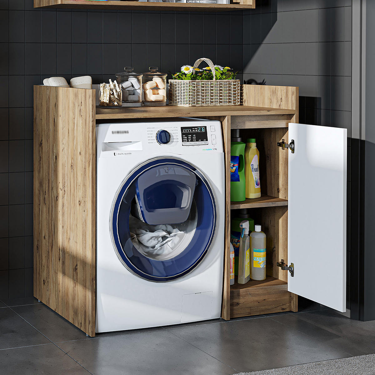 WASCHMASCHINENSCHRANK DERIN-II 100cm Breit, 99cm Hoch - Eiche Bianco, Holzwerkstoff (100/99/60cm)
