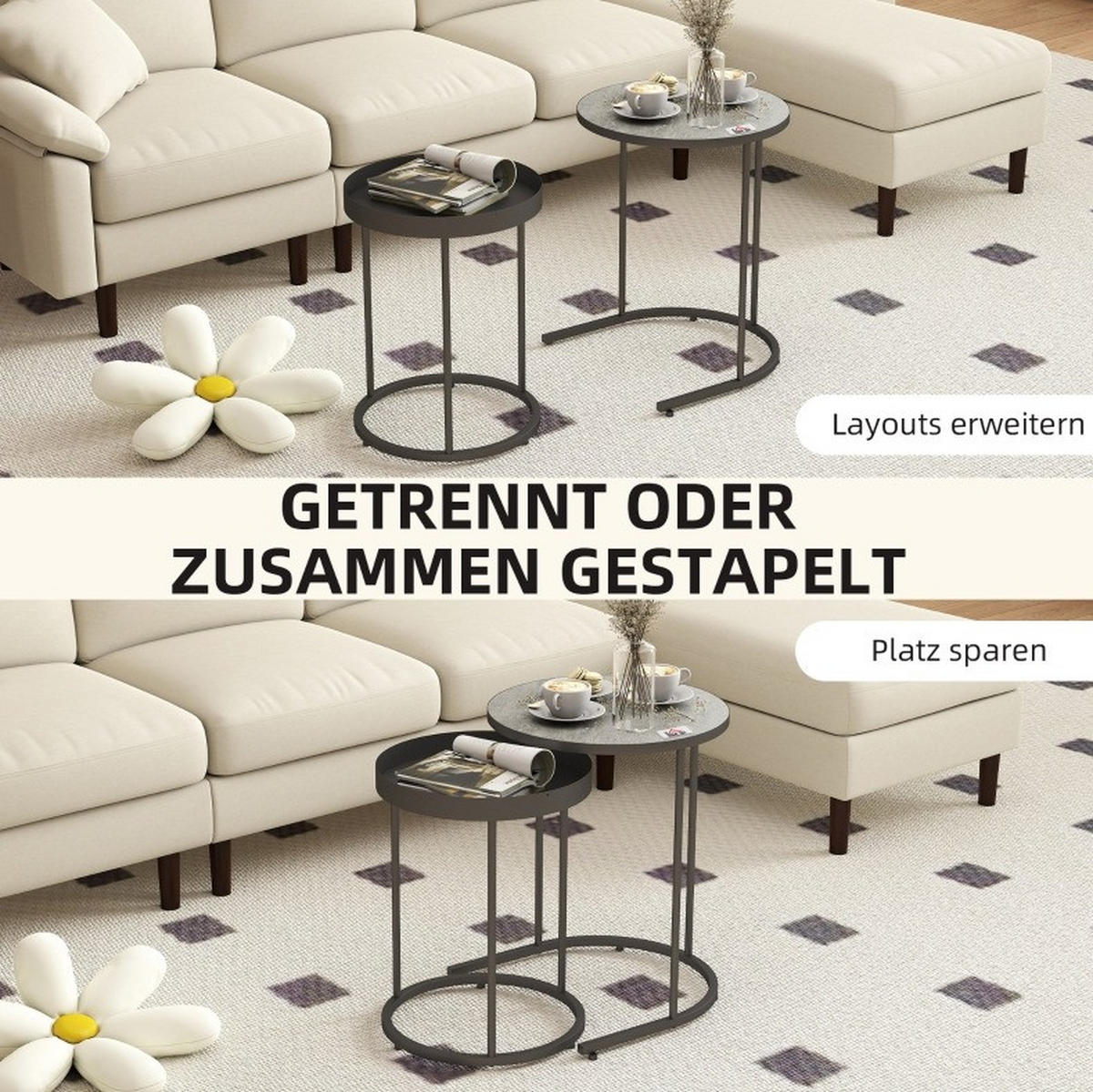 SATZTISCHE 42/42/54 und 36/36,5/48,5 cm im 2er-Set, stapelbar mit Tablettdesign und Metallgestell, Grau - Grau, Metall (42/42/54cm) - Redom