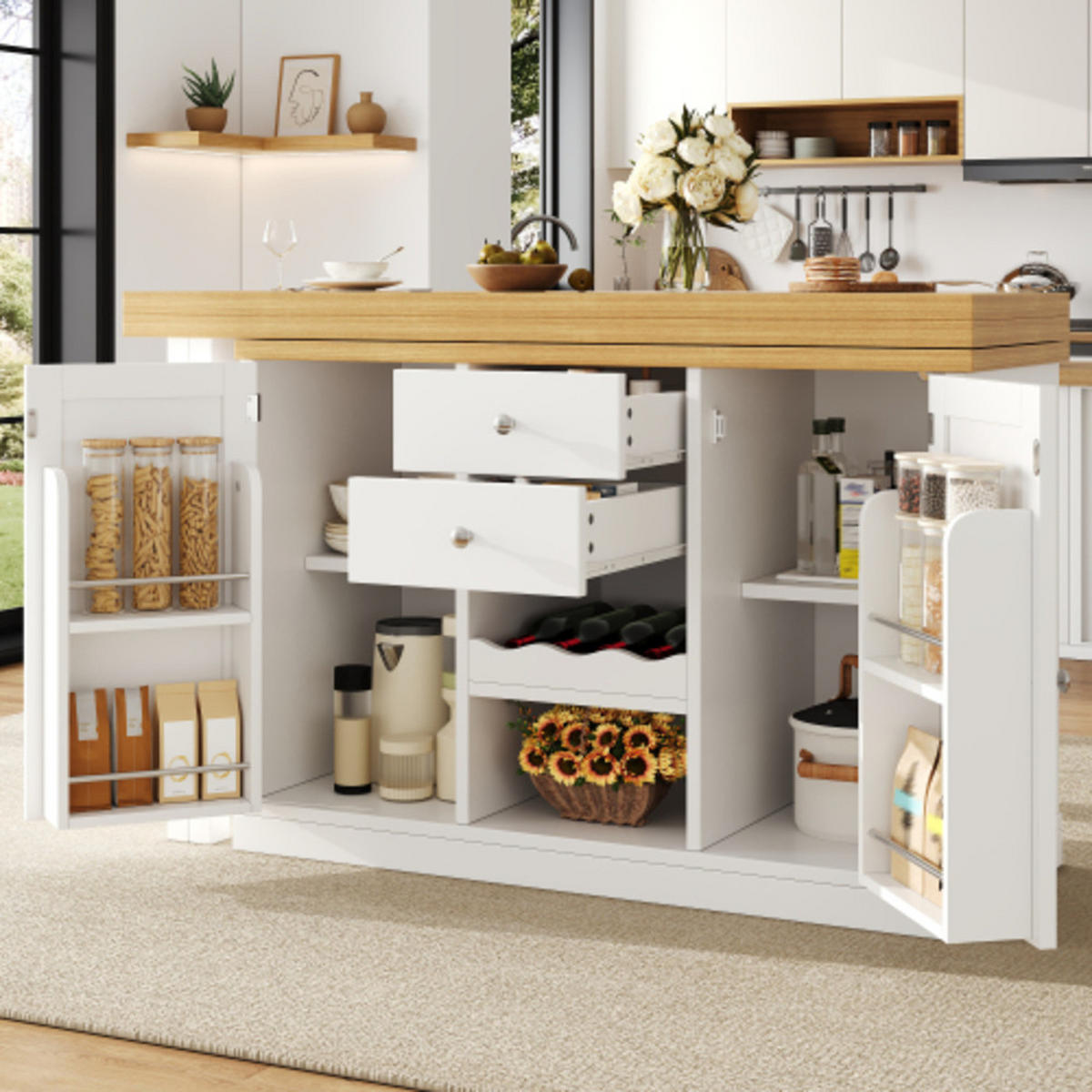 KÜCHENINSEL 120-197×40×74 cm aus MDF und Metall mit 360° drehbarer ausziehbarer Tischplatte, weiß - Weiß, Holzwerkstoff (197/74/40cm) - Luhomfu