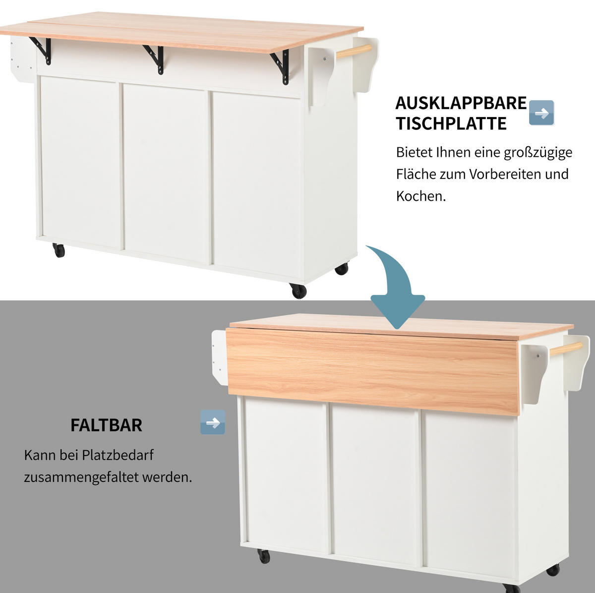KÜCHENWAGEN mit Klappplatte 139 x 46(71) x 91,5 cm Weiß - Weiß, Holz (46/91.5/139cm) - Beauniv