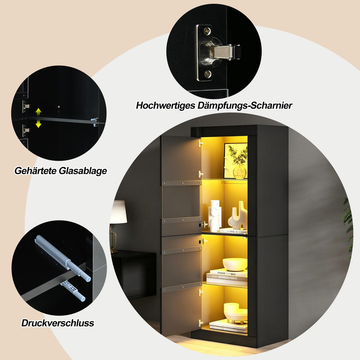 VITRINE DE-37762 mit LED-Beleuchtung und Glasböden Schwarz - Schwarz, Holzwerkstoff (61/162/42cm) - ComfortXL