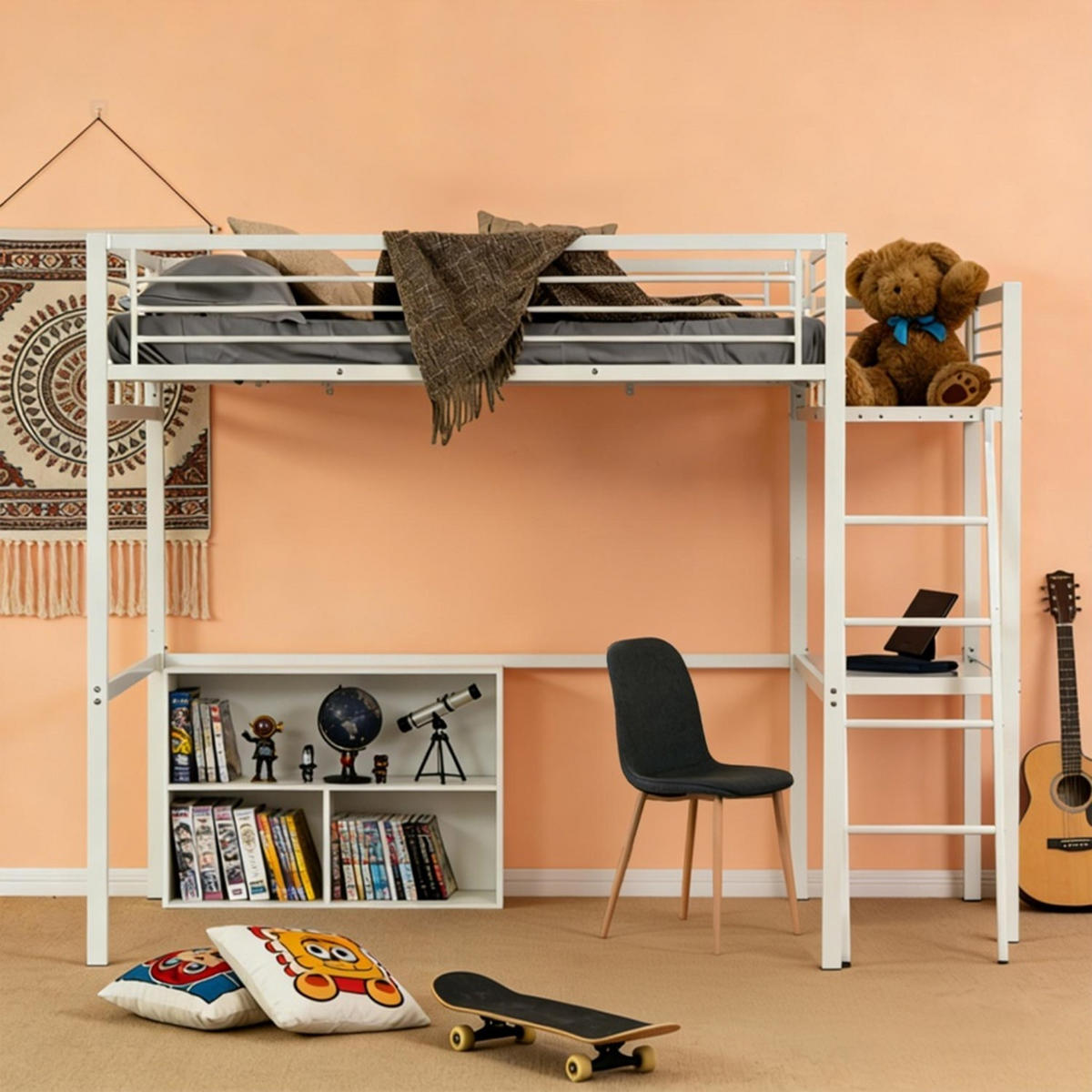 HOCHBETT Metall Weiß 140x200 cm – Loftbett mit Arbeitsbereich, Leiter und Sicherheitsgeländer - Weiß, Metall (145.5/201cm) - Meubles Cosy