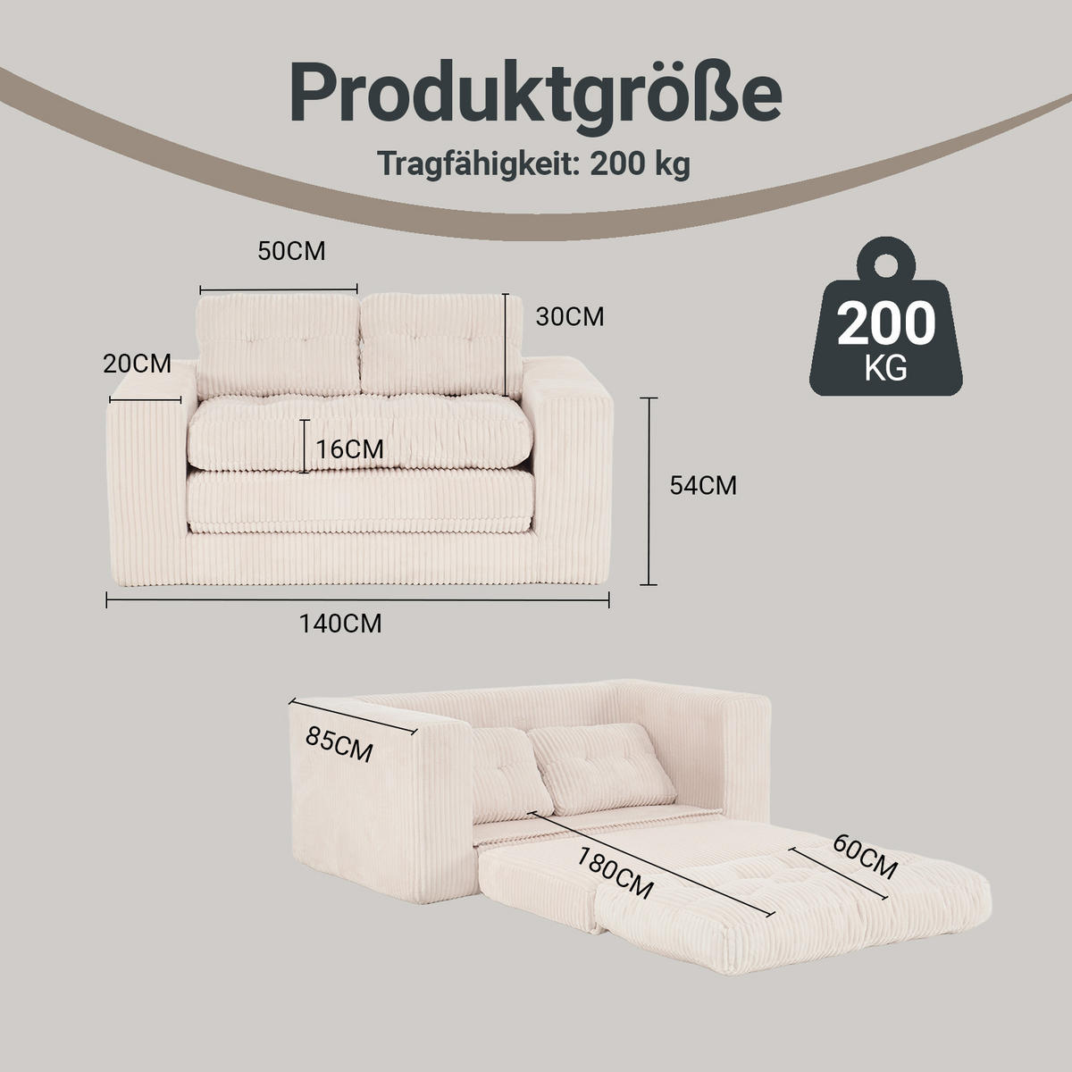 SCHLAFSOFA DE-35274 2-in-1 Beige - Beige, Textil (85/54/140cm) - ComfortXL