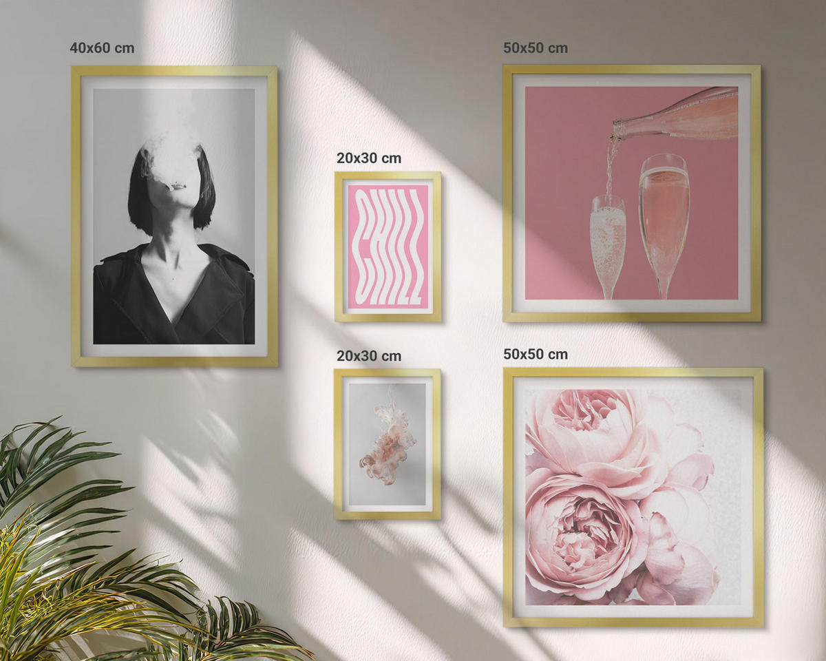BILDER SET 5er Set - 50x50 cm & 20x30 cm & 40x60 cm Goldrahmen - Stilvolles Porträt mit Champagner - Goldfarben, Kunststoff (40/60cm) - TULUP