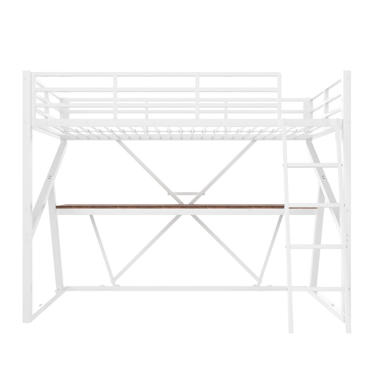 HOCHBETT mit Schreibtisch 90/200 cm in Weiß – mit LED-Leiste, Leiter und Rausfallschutz - Weiß, Metall (90/200cm) - BEAOK