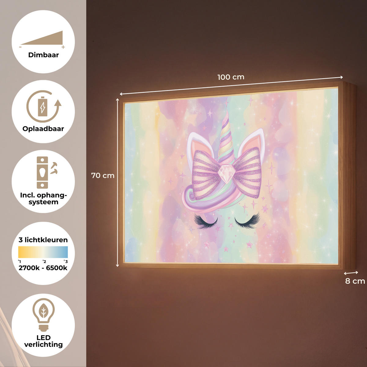 NÁSTĚNNÁ LAMPA S AKUMULÁTOREM Jednorožec - Třpytky - Duha - Pastelové barvy 100x70 cm - světle růžová, kompozitní dřevo (100/70/8cm) - OnlyWow