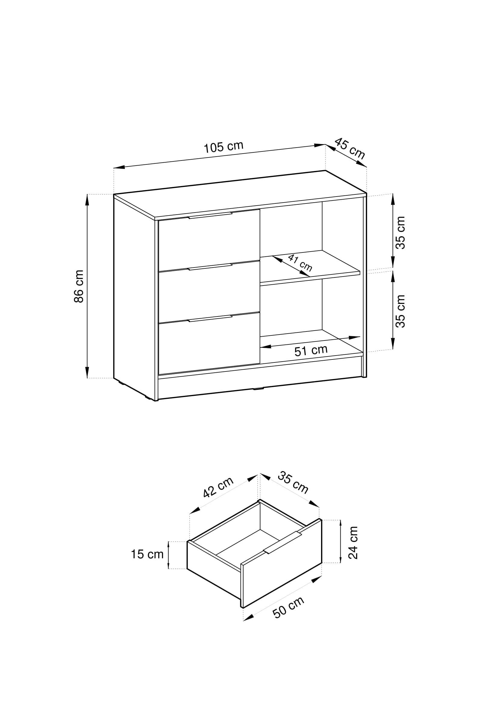 Thumbnail - Bettso Kommode, Kaschmir, Holzwerkstoff, 1 Fächer, 3 Schubladen, 105x86x45 cm, Wohnzimmer, Kommoden & Sideboards, Kommod...