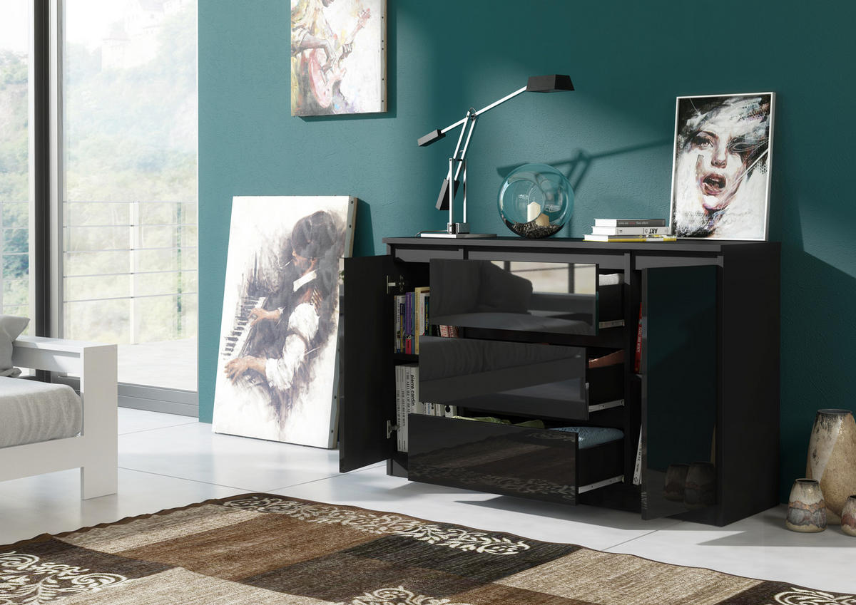 KOMMODE NUDO 120/78,5/39cm mit 3 Schubladen 2 Türen Schwarz - Schwarz Hochglanz/Schwarz, Holzwerkstoff (120/78.5/39cm) - MASSENO