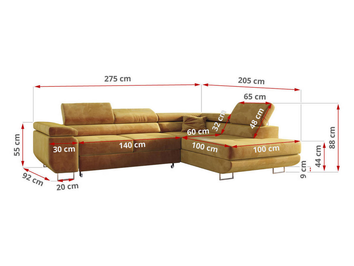 ECKSOFA GUSTAW L Gelb Velvet Links Seite - Gelb/Silberfarben, Textil/Metall (205/275cm) - MKS