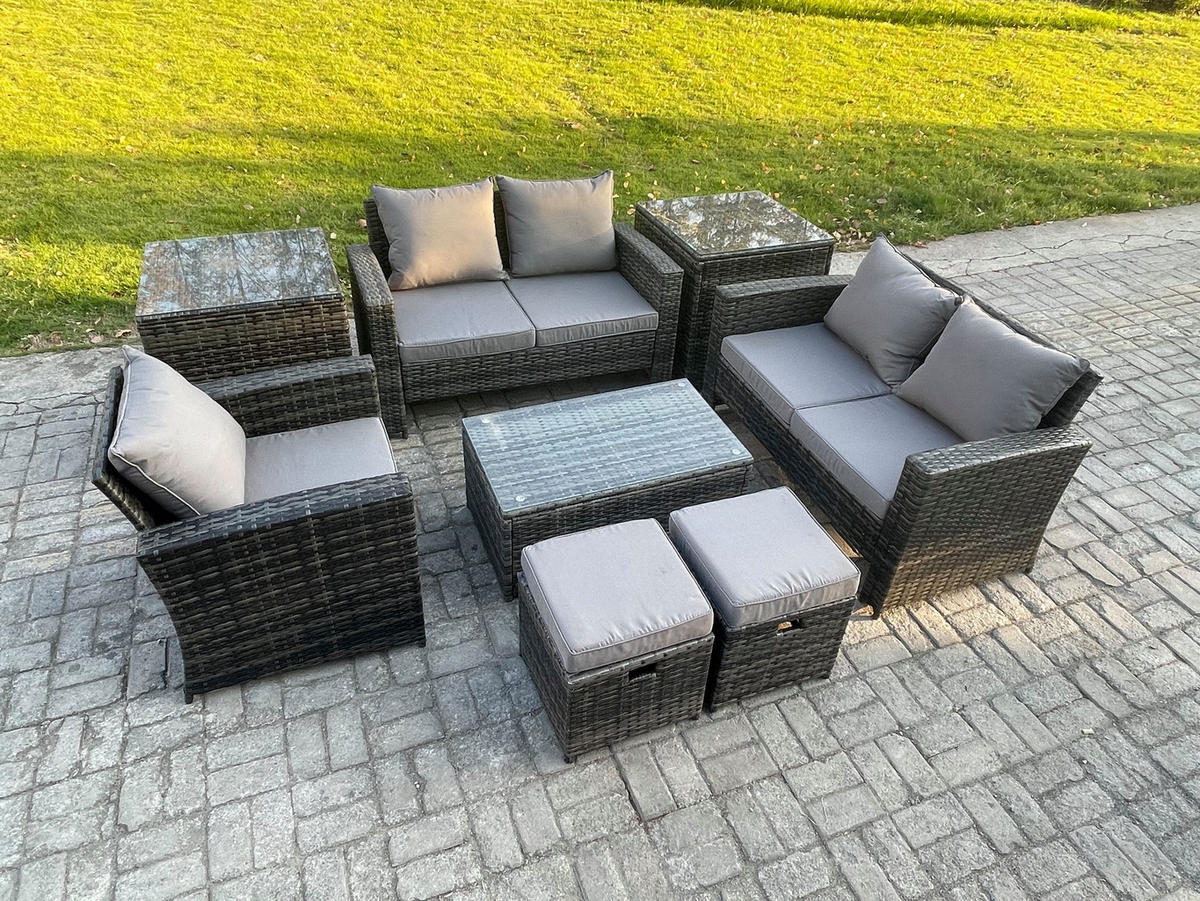 GARTENSOFA SET mit Couchtisch Polyrattan Dunkelgrau 7-Sitzer - Dunkelgrau, Metall - Fimous