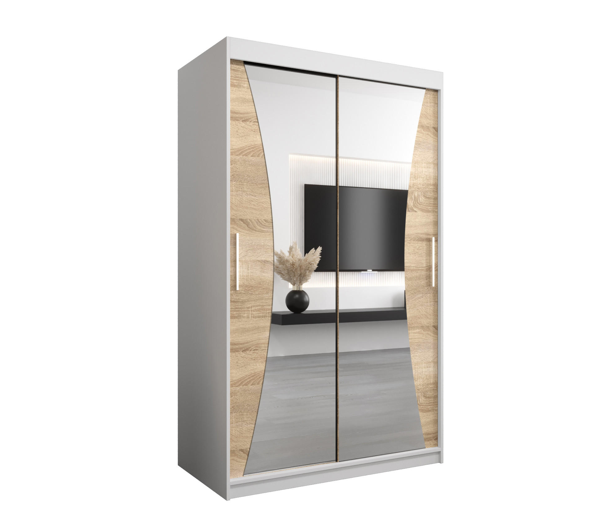 Abiks Möbel Schwebetürenschrank Weiß, Sonoma Eiche 120x200x62 cm