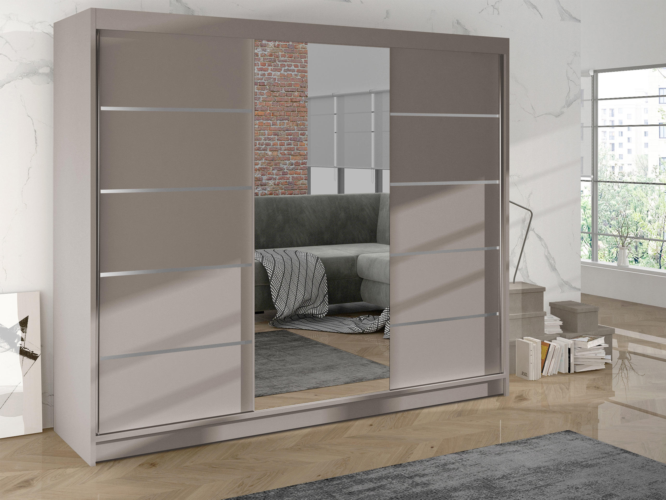 SCHWEBETÜRENSCHRANK Derby VI - Kaschmir, Holzwerkstoff/Metall (200/215/58cm) - MIRJAN24
