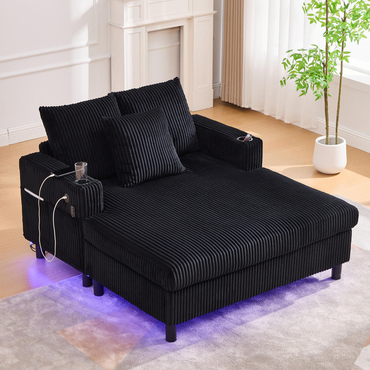 SCHLAFSOFA,SCHLAFCOUCH Schwarz, Cordbezug mit LED USB Anschluss Getränkehalter - Schwarz, Textil (142/85/128cm) - PARAFTA HOME