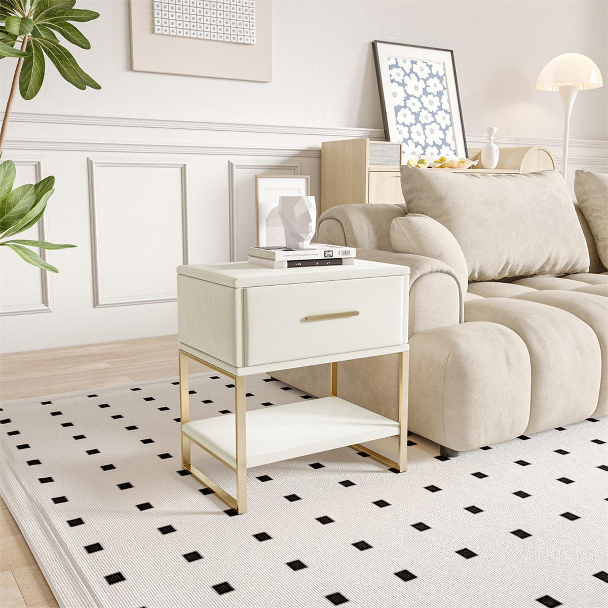 NACHTTISCH mit 1 Schublade & Offenem Fach - Nachtkommode Samtbezug & goldenes Metallgestell - 2er Set - Beige - Weiß, Textil (40/50/31cm) - DELFA