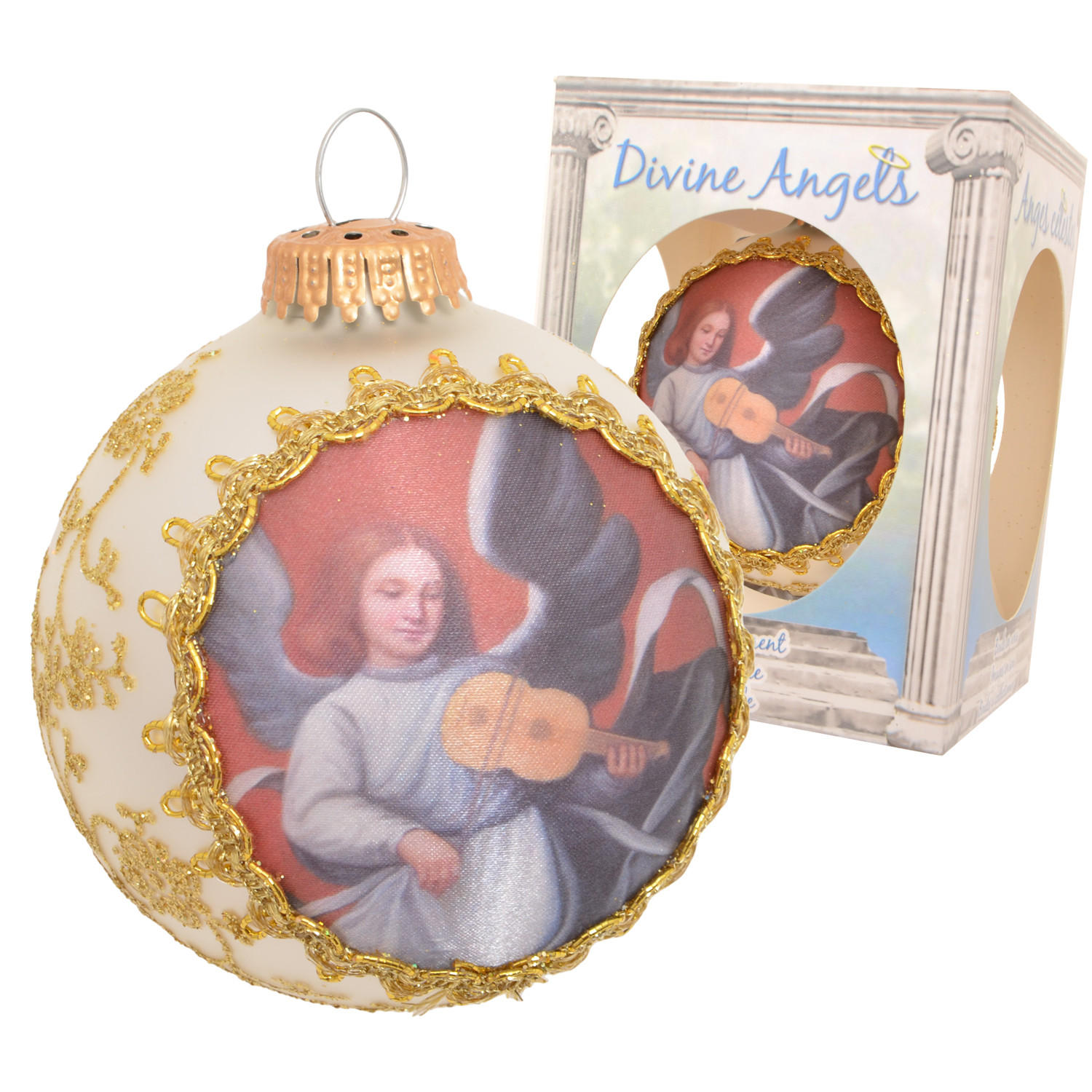 CHRISTBAUMKUGEL Seidenbild Engel mit Geige Weiß 8cm (Glas / 1 Stk.) - Weiß, Glas (8/8/8cm) - Krebs Glas Lauscha