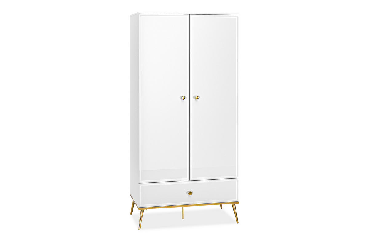 KLEIDERSCHRANK ISORIA mit Goldelementen, Glas Weiß - Goldfarben/Weiß, Holz/Metall (92/190/53cm) - KONSIMO®