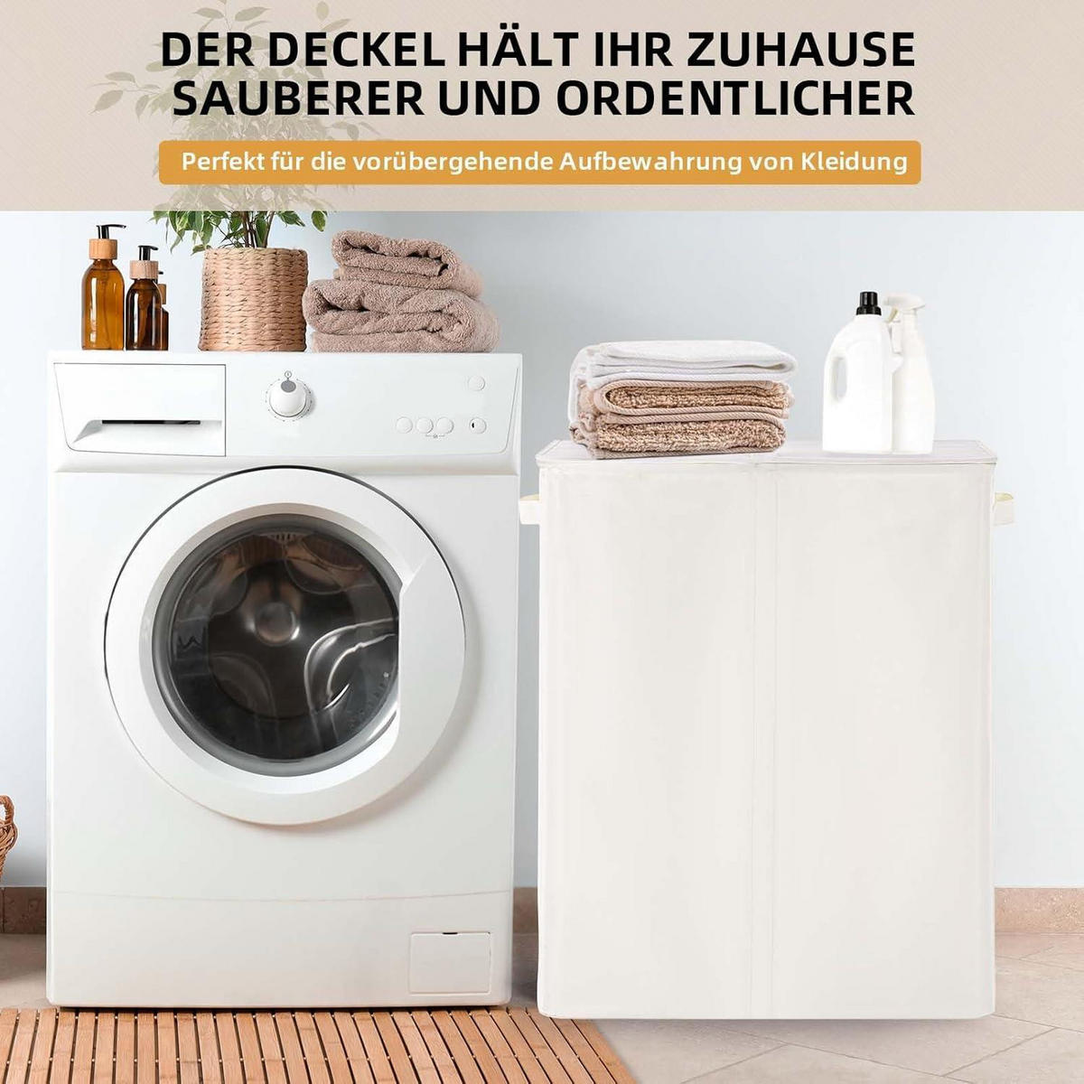 WÄSCHEKORB mit Deckel 135L 2 Fächer Beige - Weiß, Textil (35/69/58cm)