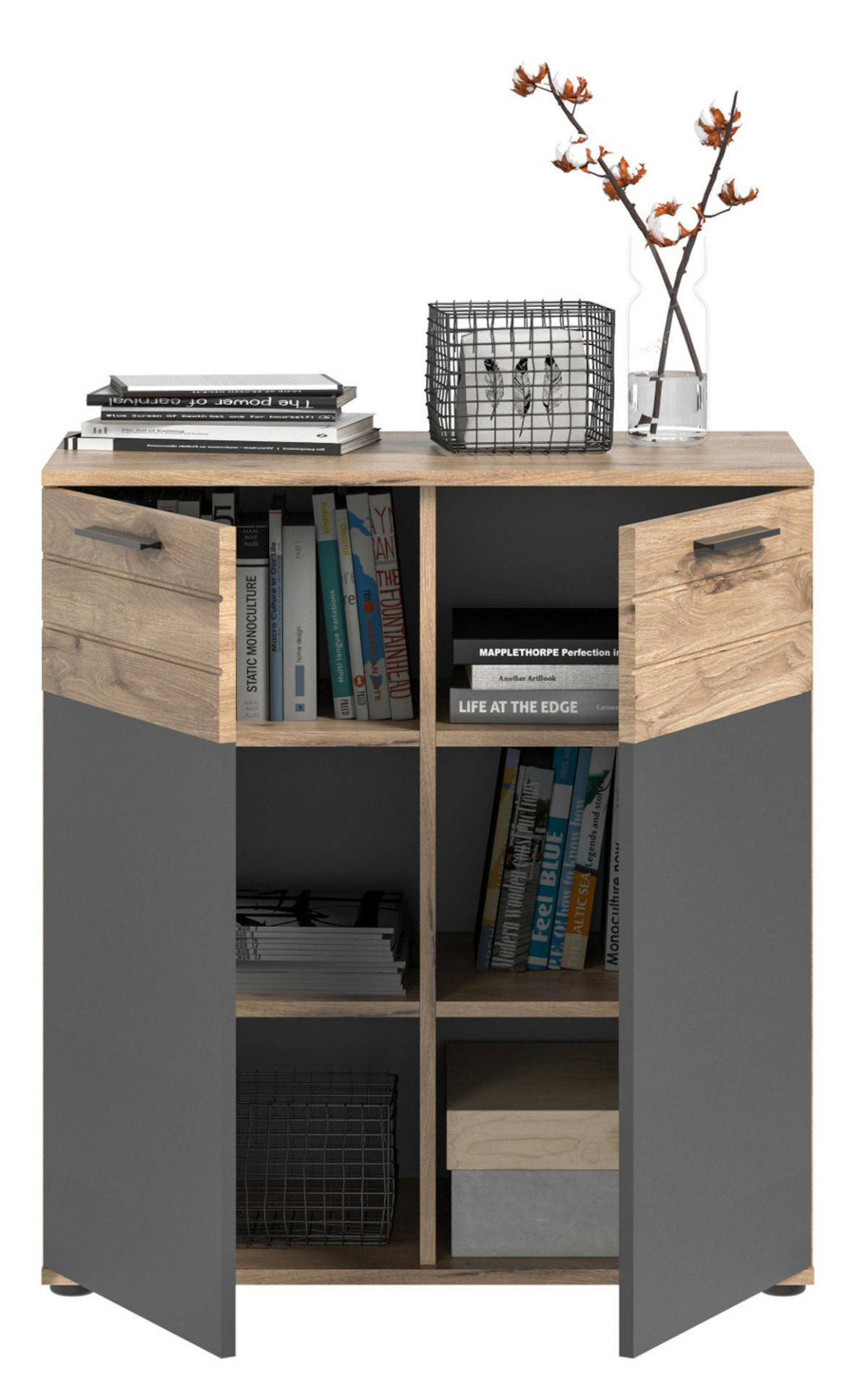 KOMMODE Eiche, grau 80 cm, Sideboard mit Soft-Close, Wohn- und Esszimmermöbel - Eichefarben/Schwarz, Holzwerkstoff/Kunststoff (80/87/40cm) - Inn.Furn