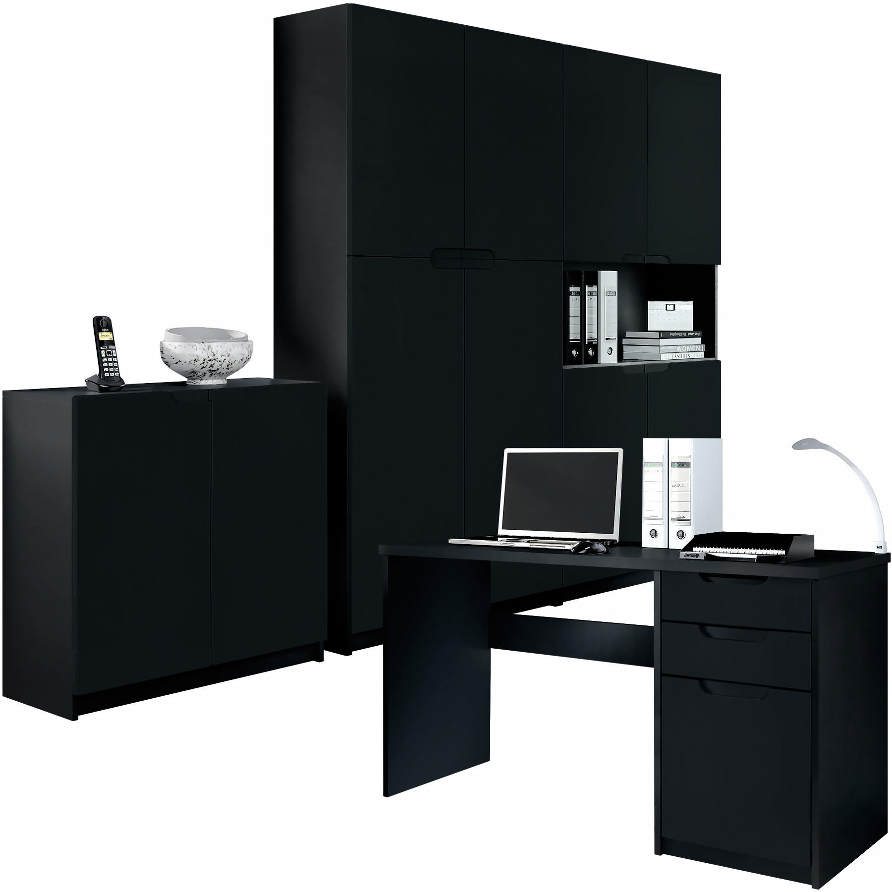 BÜROMÖBELSET Logan Fronten in Schwarz matt - Schwarz, Holzwerkstoff (246/185/60cm) - Vladon