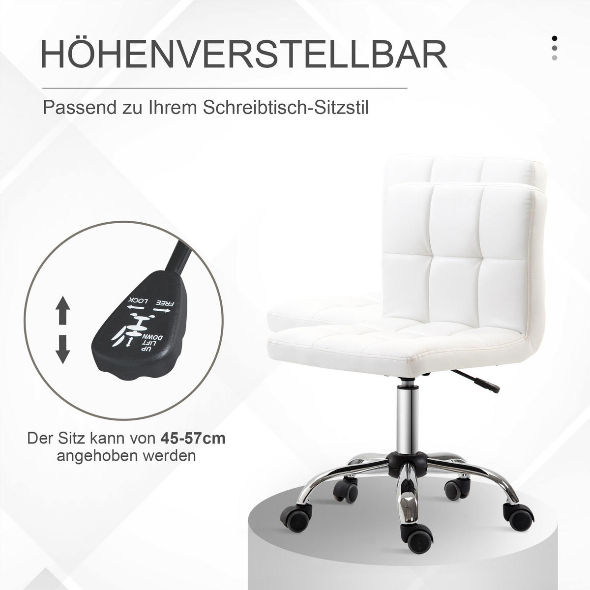 BÜROSTUHL ohne Armlehne 51L x 46B x 80-92H cm Weiß - Weiß, Kunststoff (46/92/51cm) - HOMCOM