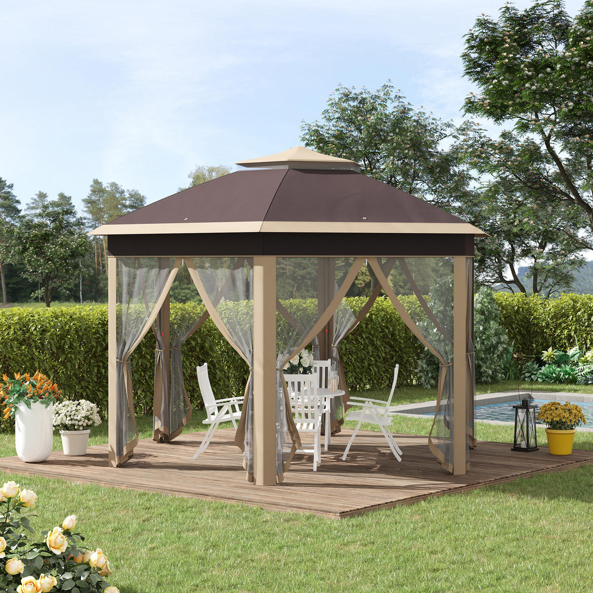 FALTPAVILLON, Grau, Metall, Polyesterstoff, Mesh - Beige, Metall (405/285/405cm) - Outsunny