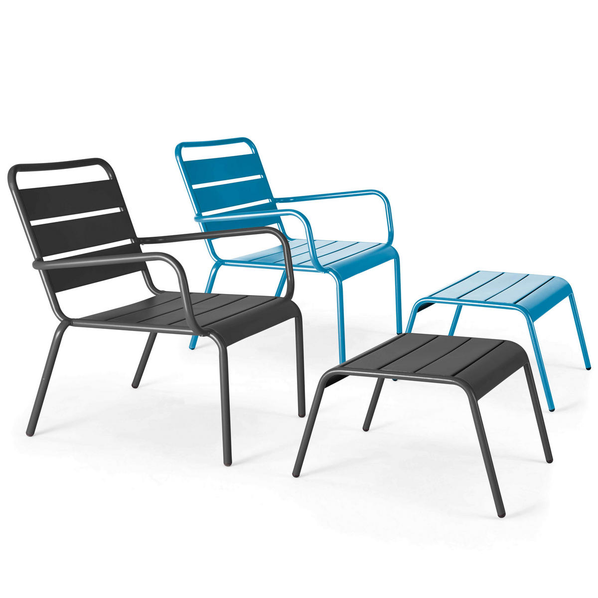 RELAXSESSEL MIT HOCKER 2-tlg., Grau/Pazifikblau - Blau, Metall (64/72/60cm) - Oviala