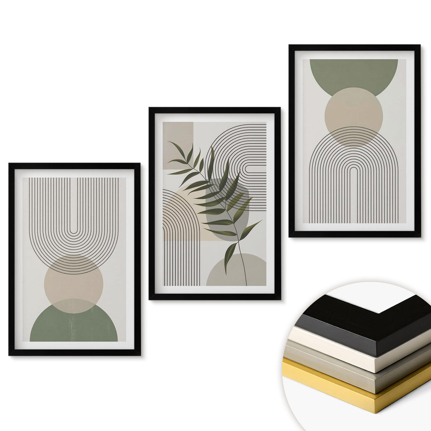 WANDBILDER 3er-Set - 40x60 cm Schwarzer Rahmen - Abstrakte Formen mit Grün - Schwarz, Kunststoff (40/60cm) - ArtPrintCave