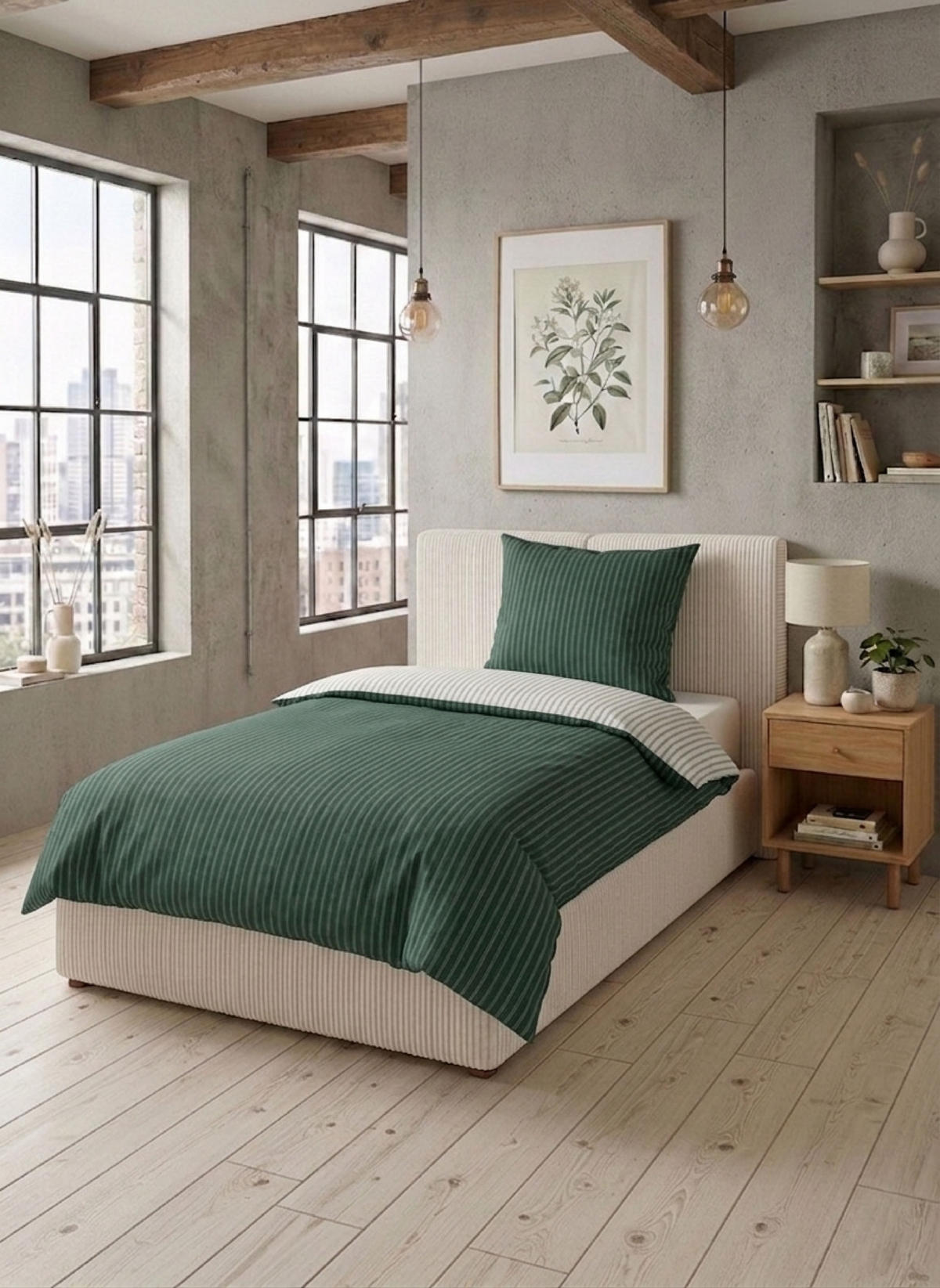 BETTWÄSCHE-GARNITUR Premium Melange Webstreifen dunkelgrün, 135x200 cm + 80x80 cm - Dunkelgrün, Textil (135/200cm) - biberna