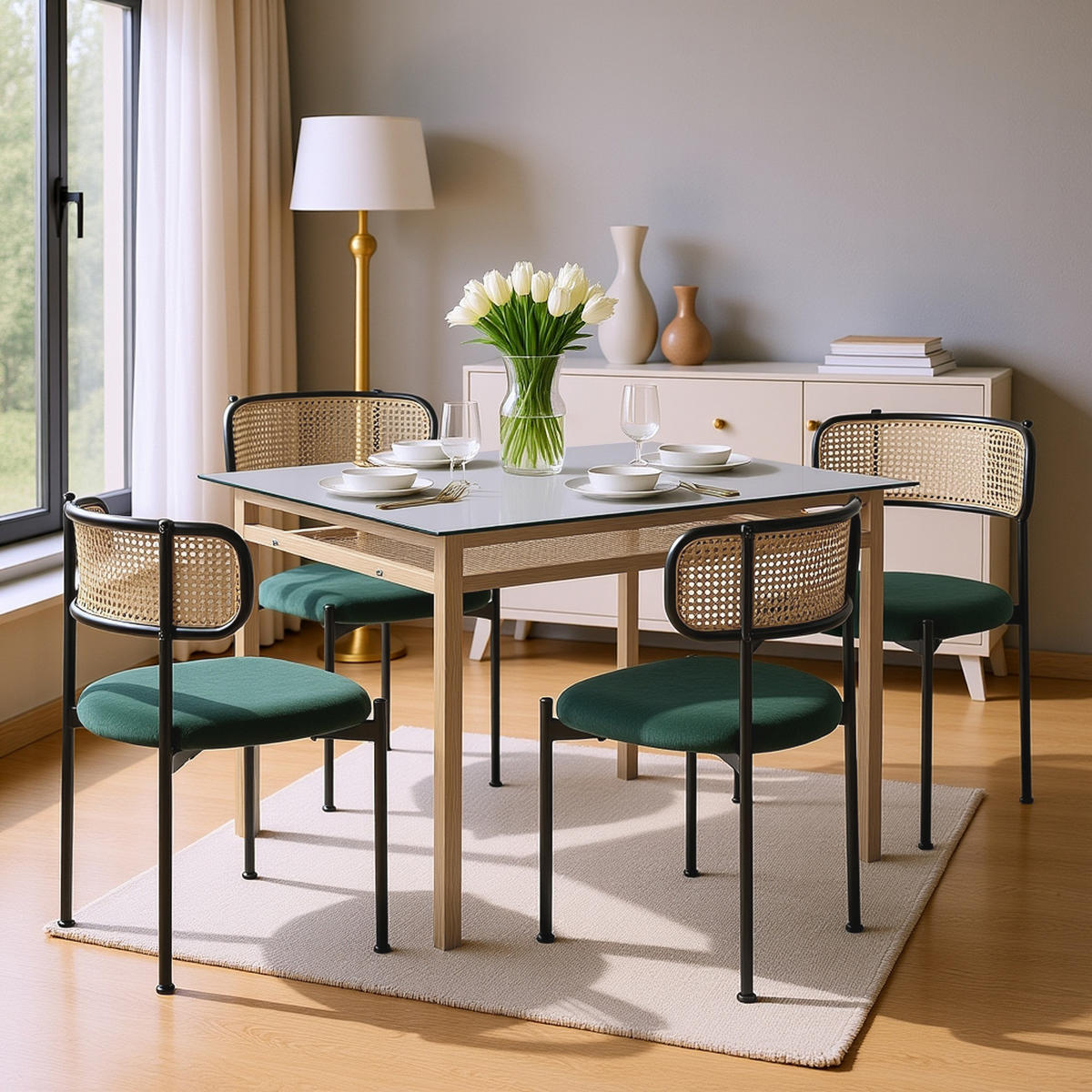 ESSTISCH SET mit Esstisch aus Glas und 4 Rattan stühle - Grün, Glas/Textil (110/74/65cm) - Urban Meuble
