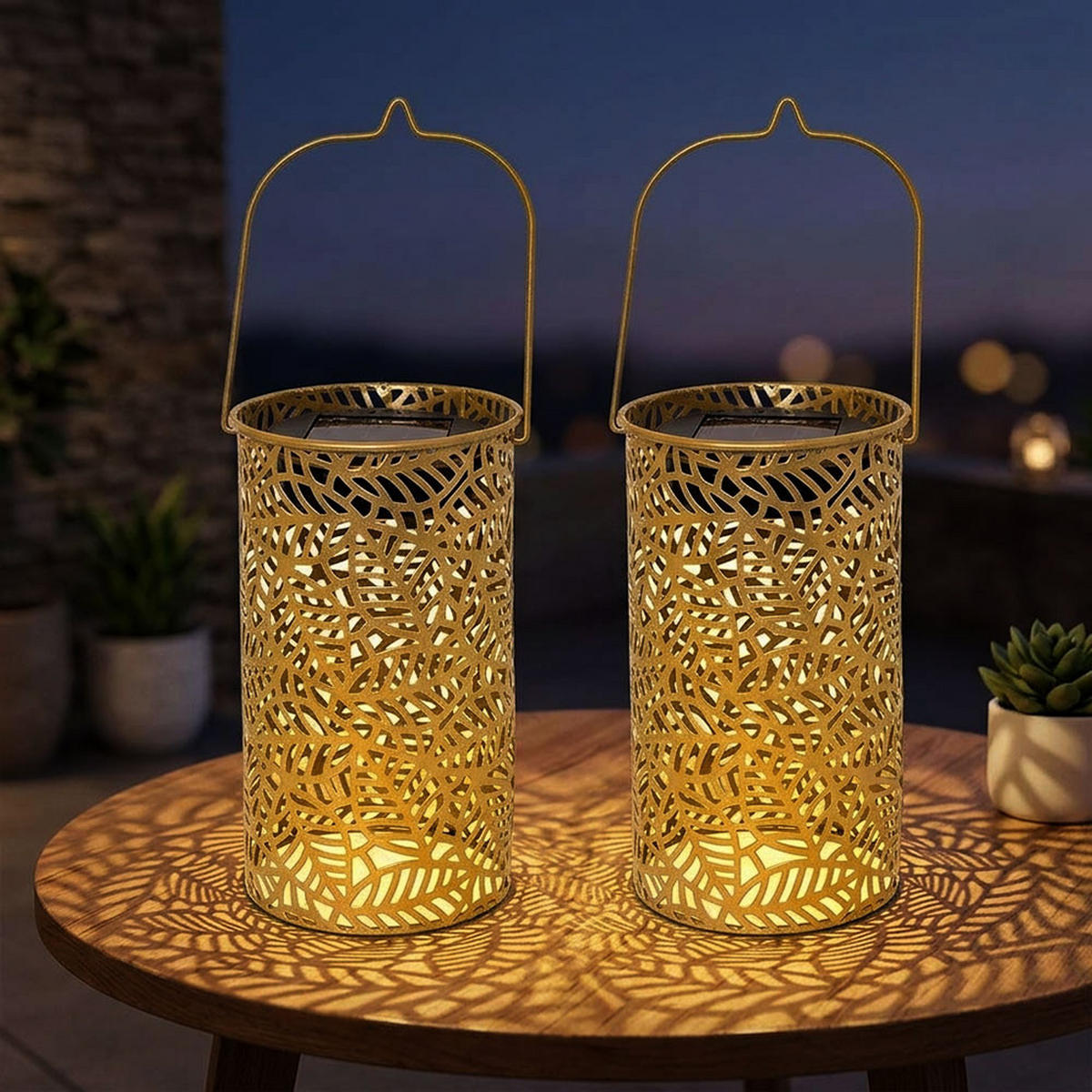 LED LATERNE Blättermuster Gold 2er Set - Goldfarben, Metall (10/10/18cm)