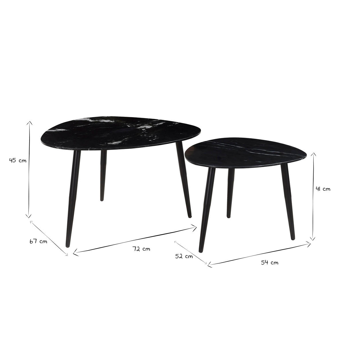 COUCHTISCHE Oval Ausziehbar Schwarzer Marmor Metall 2er-Set PLATZ - Schwarz, Stein (72/67/45cm) - Miliboo