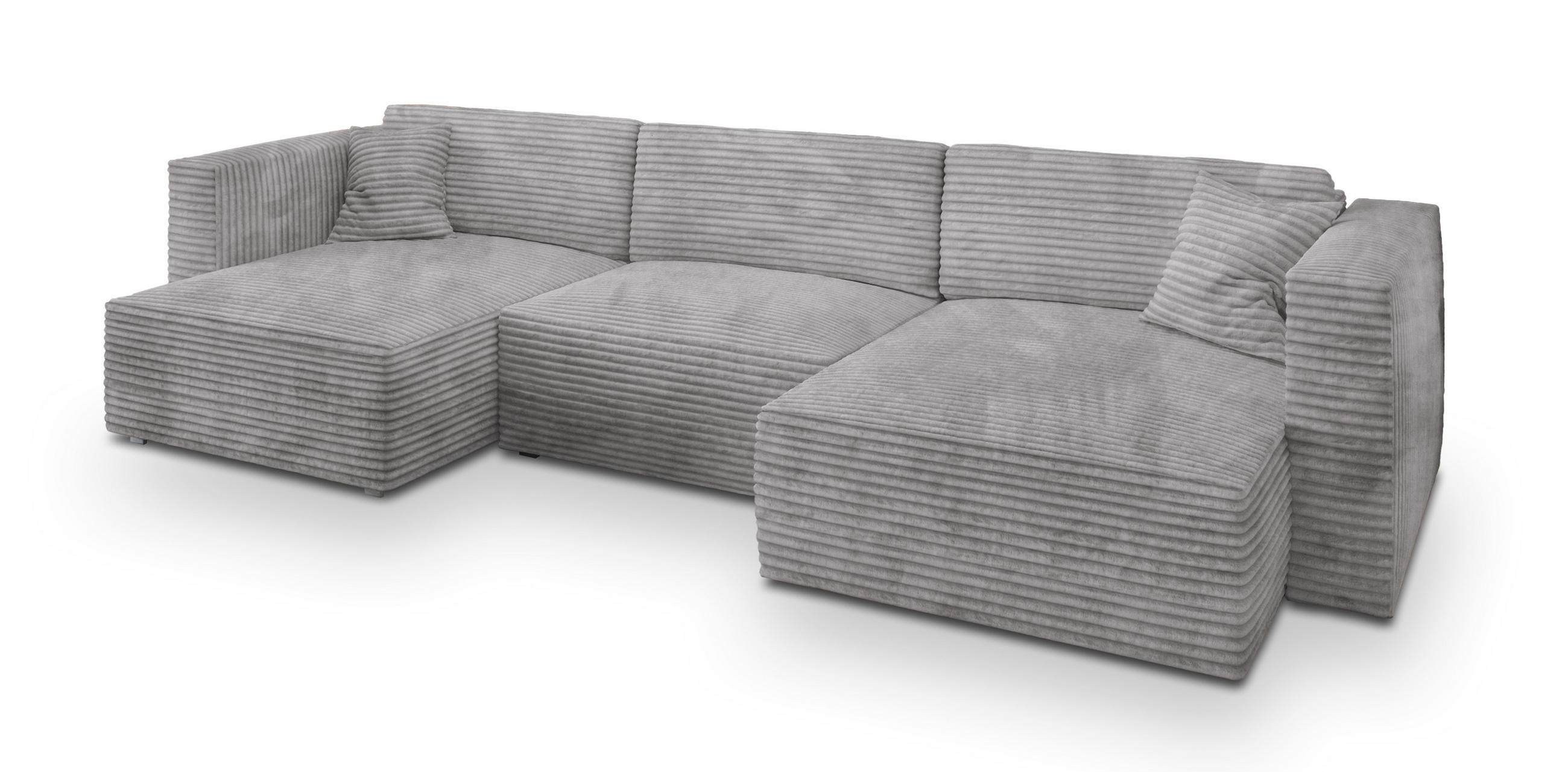 WOHNLANDSCHAFT SARMO Hellgrau Kordstoff mit Schlaffunktion - Hellgrau, Holz (347/90/148cm) - MASSENO