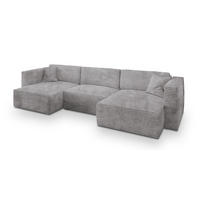 WOHNLANDSCHAFT SARMO Hellgrau Kordstoff mit Schlaffunktion - Hellgrau, Holz (347/90/148cm) - MASSENO