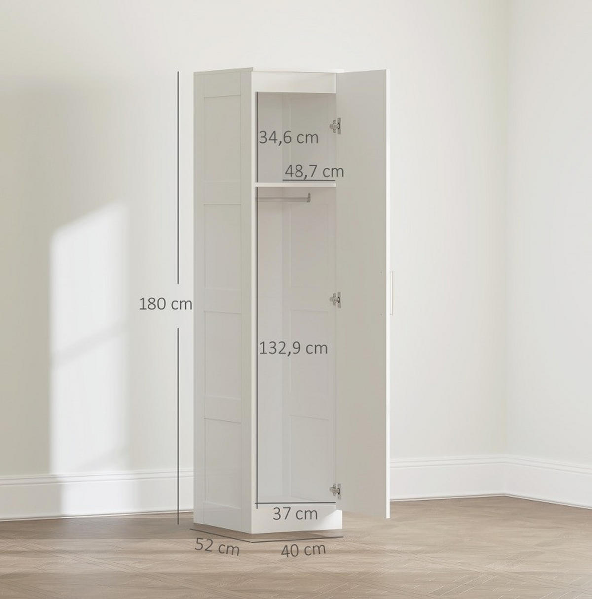 KLEIDERSCHRANK 40/52/180 cm in Weiß mit Kleiderstange und Soft-Close-Tür - Weiß, Holz (52/180/40cm) - BEAOK