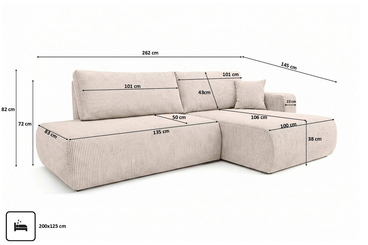 ECKSOFA Mit Schlaffunktion Und Bettkasten, Cordstoff Poso, Beige, Rechts, OPEN XL - Creme, Holz (262/145cm) - Kaiser Möbel
