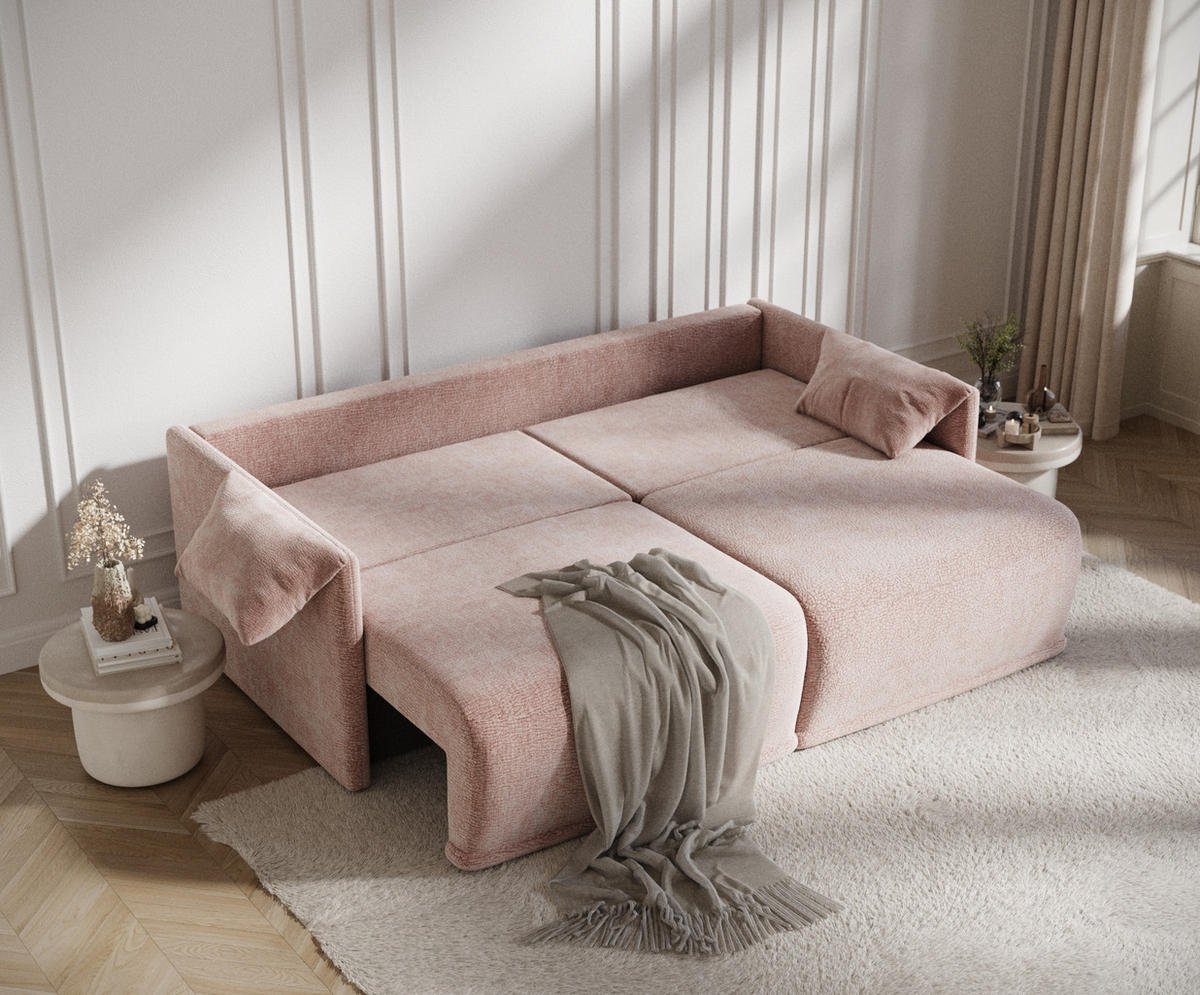 SCHLAFSOFA MIT ECKSOFA-FUNKTION Nappa Rosa Chenille - Schwarz/Rosa, Holz/Holzwerkstoff (215/100/112cm) - Maison de Reve