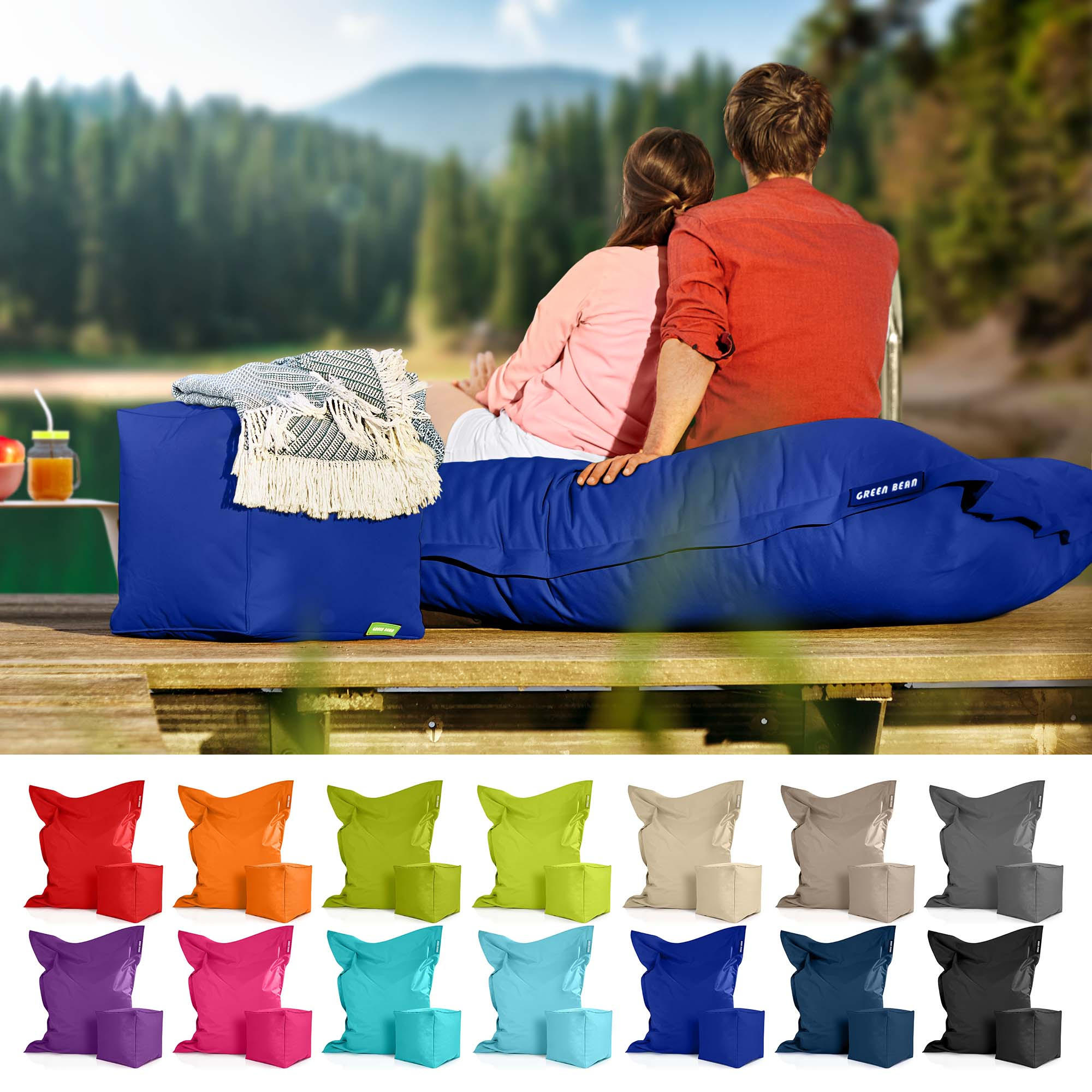 XXL-SITZSACK + Pouf 2er Set - 140x180cm - Blau, Textil (140/25/180cm) - Green Bean