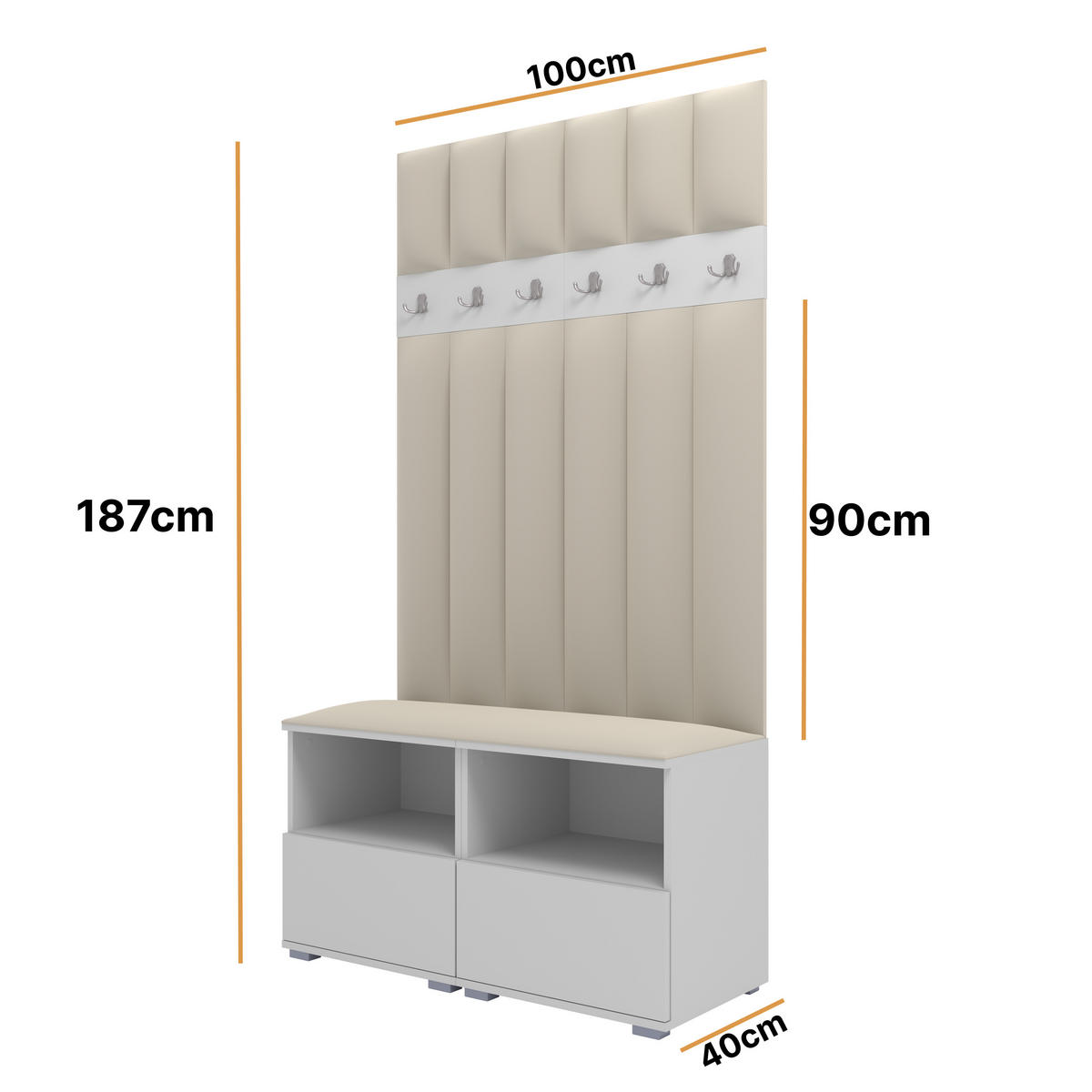 GEPOLSTERT Garderoben-Set Nela III LUX (Farbe Weiß + Stoff Trinity 01) - Silberfarben/Creme, Holz/Holzwerkstoff (100/187/40cm) - Ravio