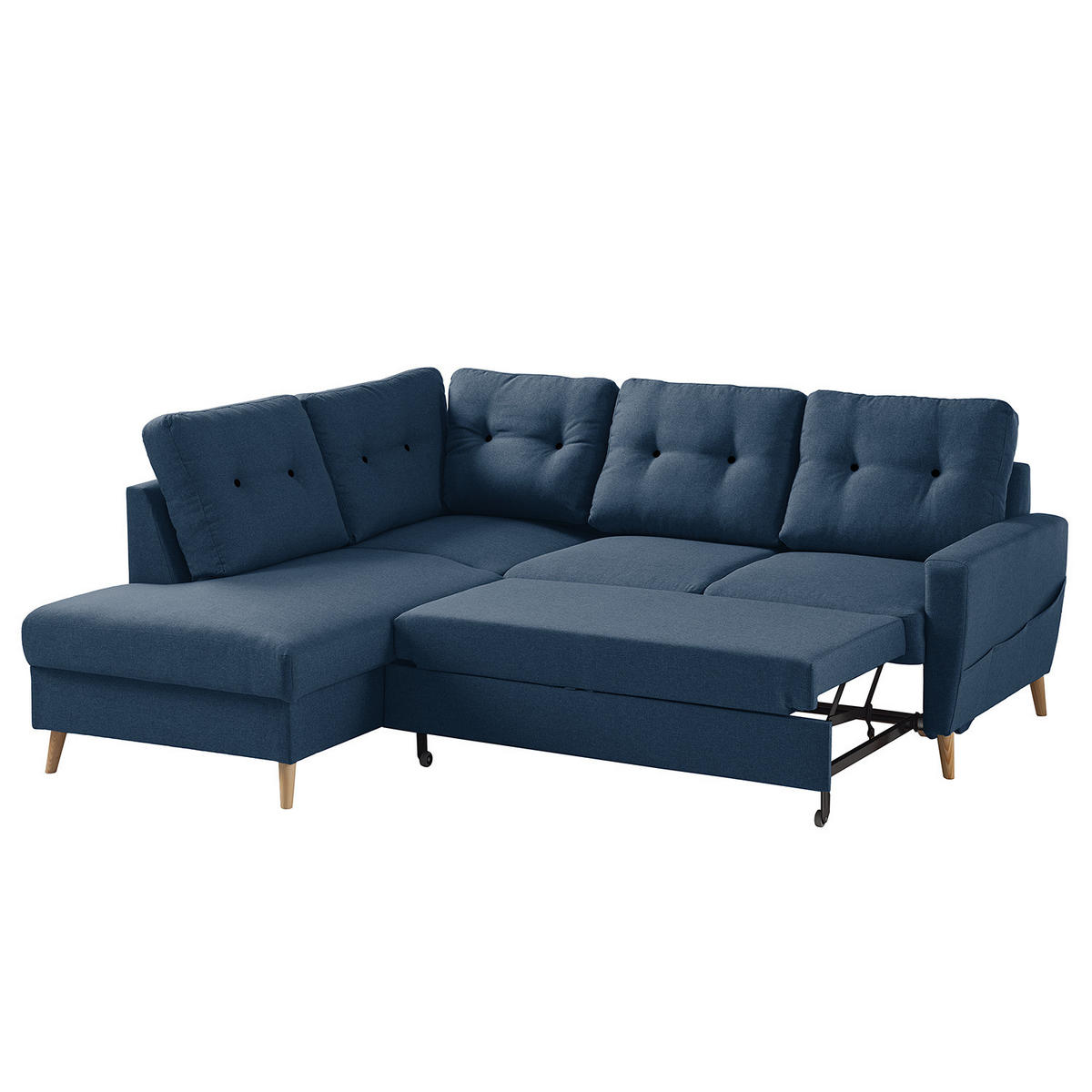 ECKSOFA mit Ottomane - Webstoff - Hellbraun/Blau, Holz/Textil (230/200cm) - home24