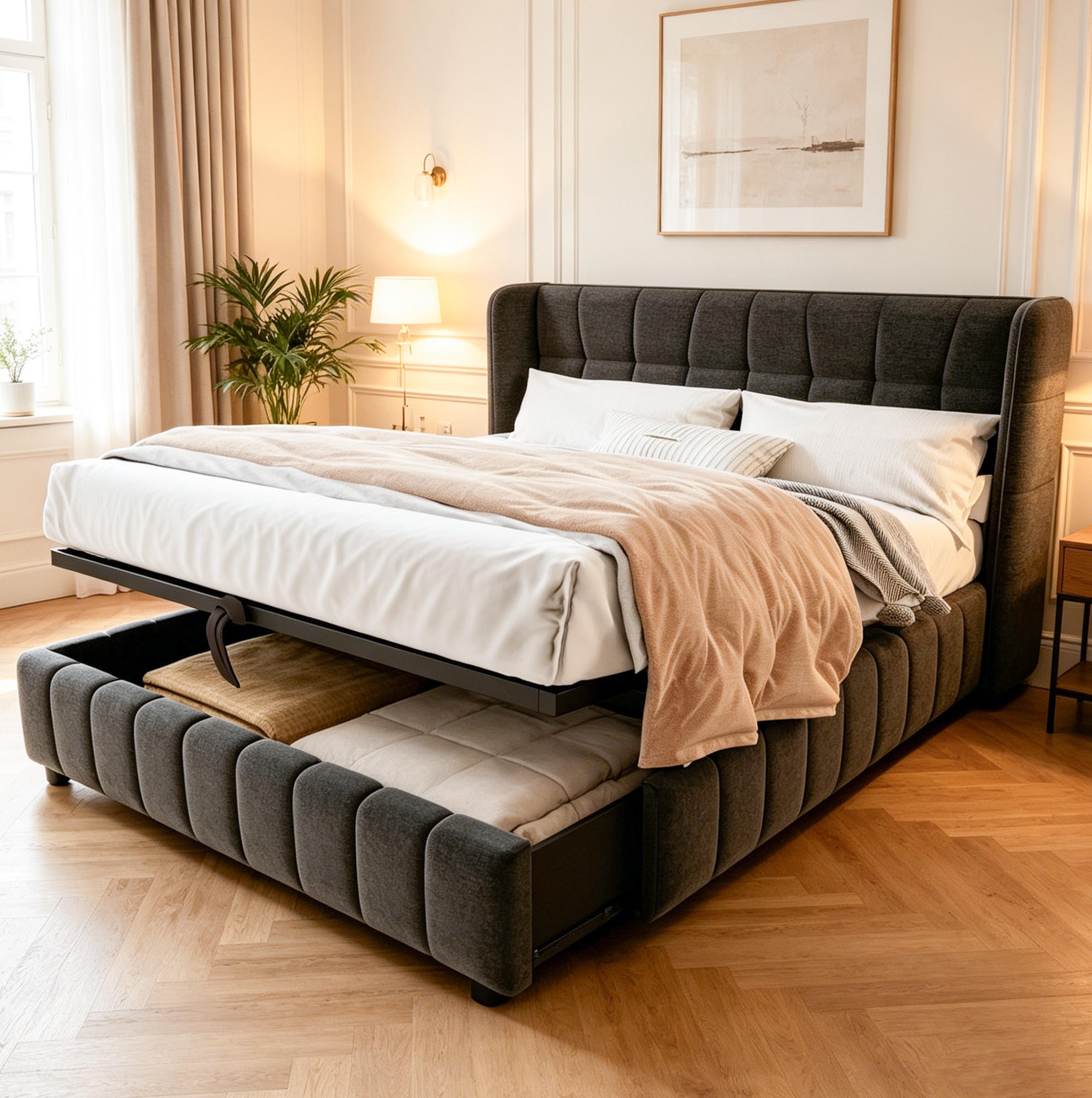 POLSTERBETT 180/200 cm aus Stoff mit Stauraum und Lattenrost Grau - Grau, Textil (180/200cm) - Modenvie