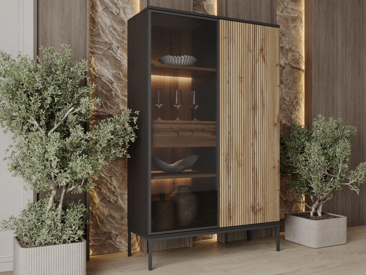 VITRINE Graphit, Wotan Eichefarben 104/166/39 cm Deo - Eiche Wotan/Schwarz, Naturmaterialien/Glas (104/166/39cm) - Graingold